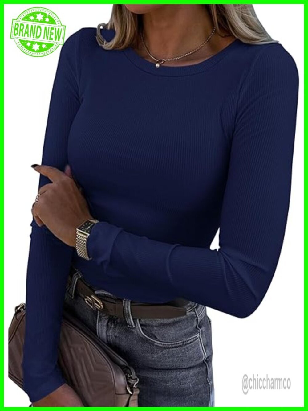 Long Sleeve Stretch Crewneck Ribbed T-Shirt Fitted Casual Basic Top